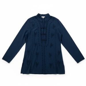 Soft Surroundings Embroidered Navy Blue Long Sleeve Tunic Top M Blue Boho Artsy